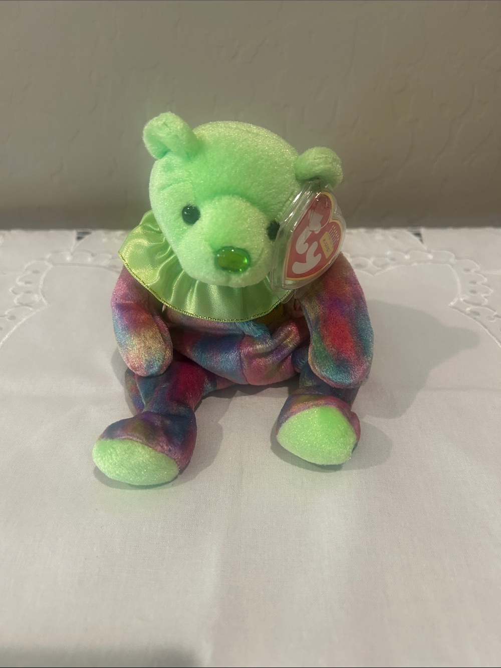 Ty Neon Green Tie-Dye Bear Plush with Rainbow Body